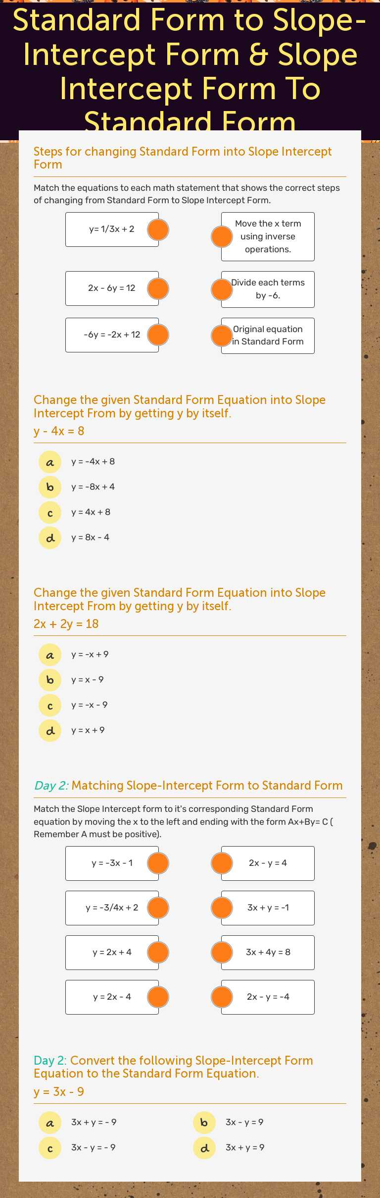 Standard Form to Slope-Intercept Form 
                                &                                                            
  Slope Intercept Form To Standard Form worksheet preview image