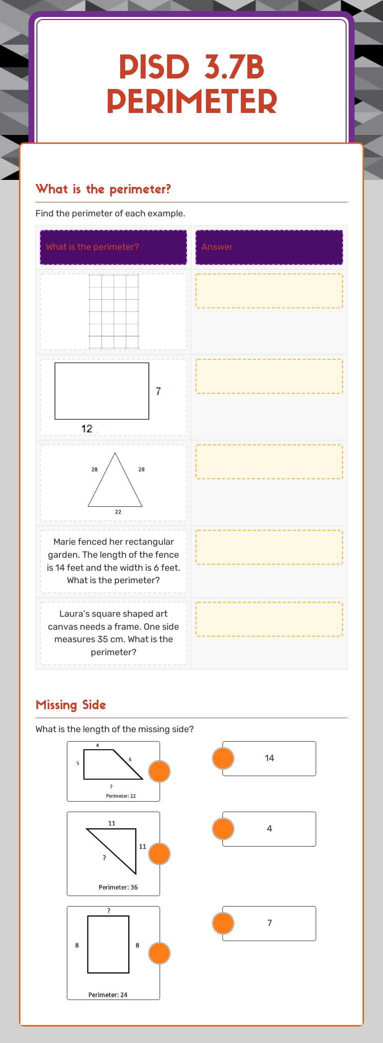 PISD 3.7B Perimeter worksheet preview image