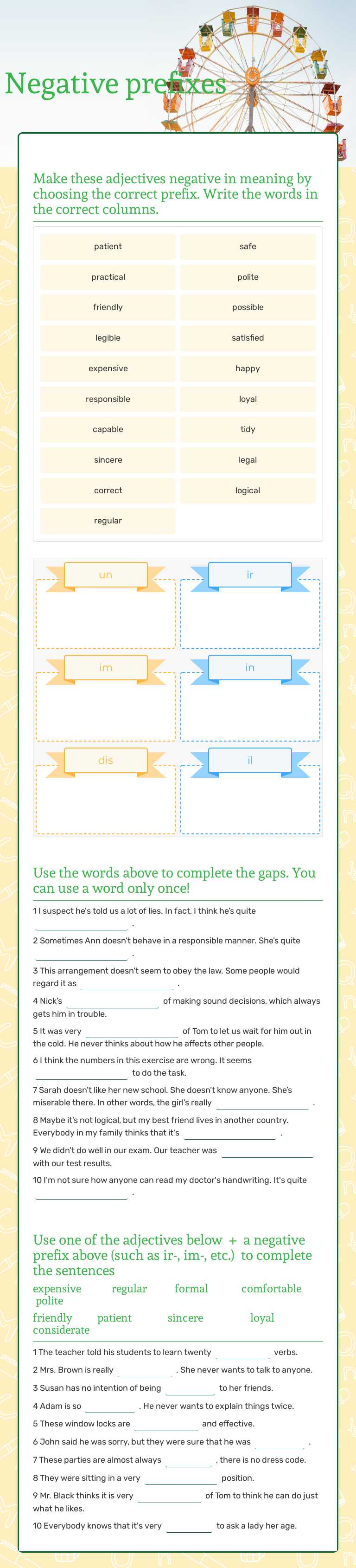 Negative prefixes worksheet preview image