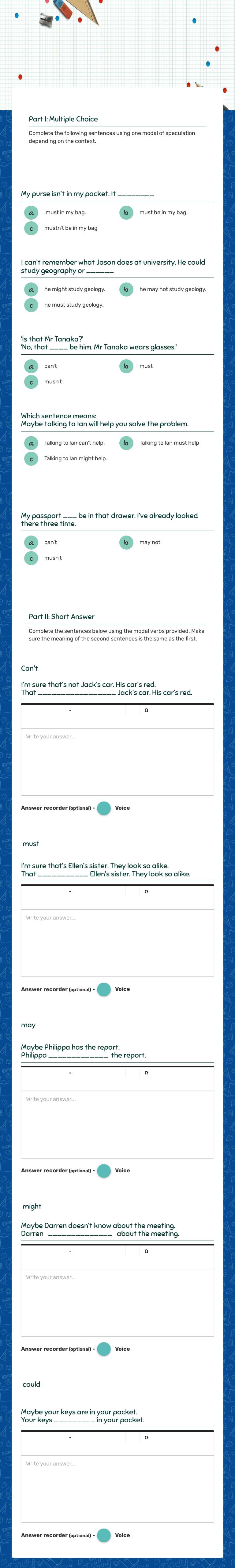 Modals of Speculation
- Practice - worksheet preview image