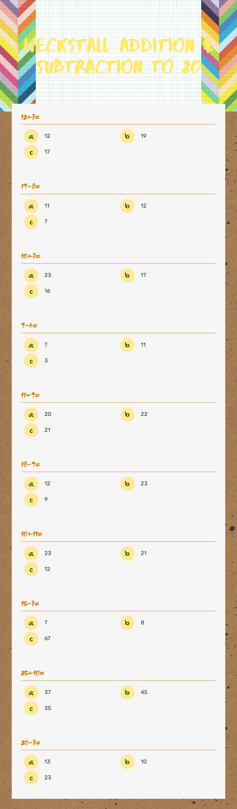 Heckstall: Addition & Subtraction to 20 worksheet preview image
