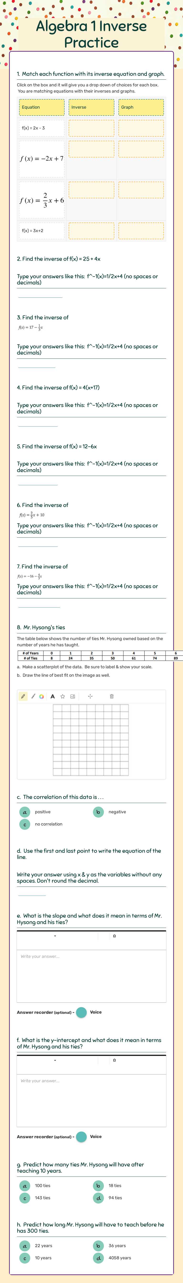 Algebra 1 Inverse  Practice Grade 10 worksheet preview