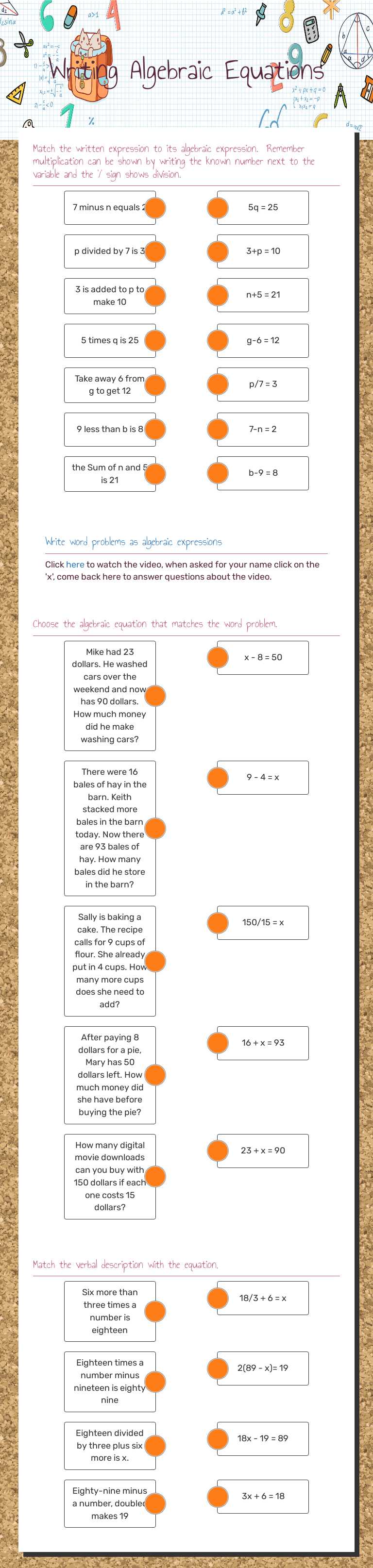 Writing Algebraic Equations worksheet preview image