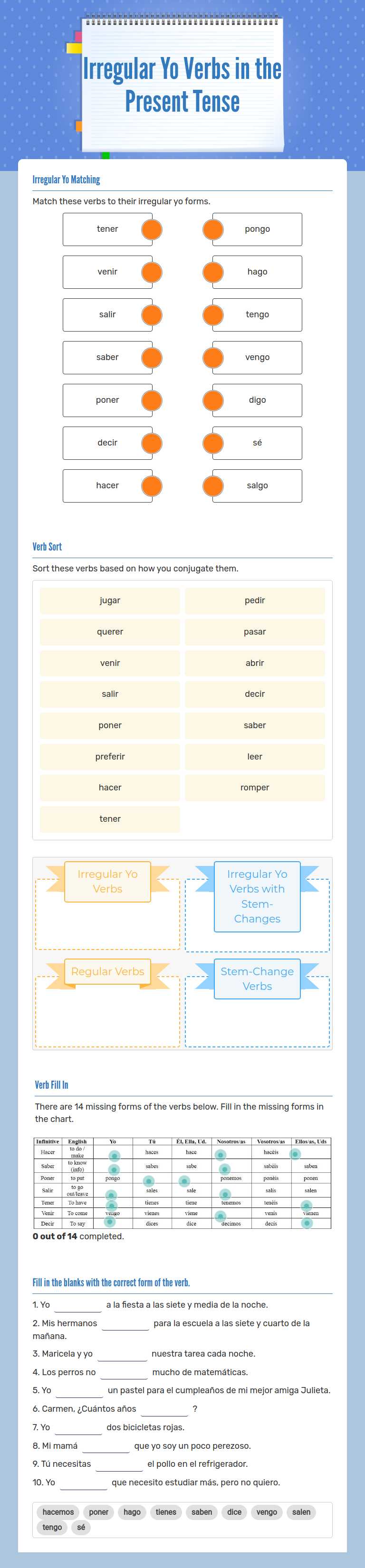 Irregular Yo Verbs in the Present Tense worksheet preview image