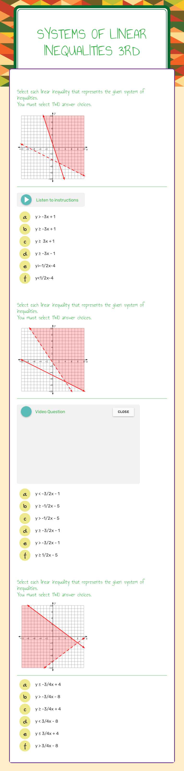 Systems of Linear Inequalities 3rd worksheet preview image