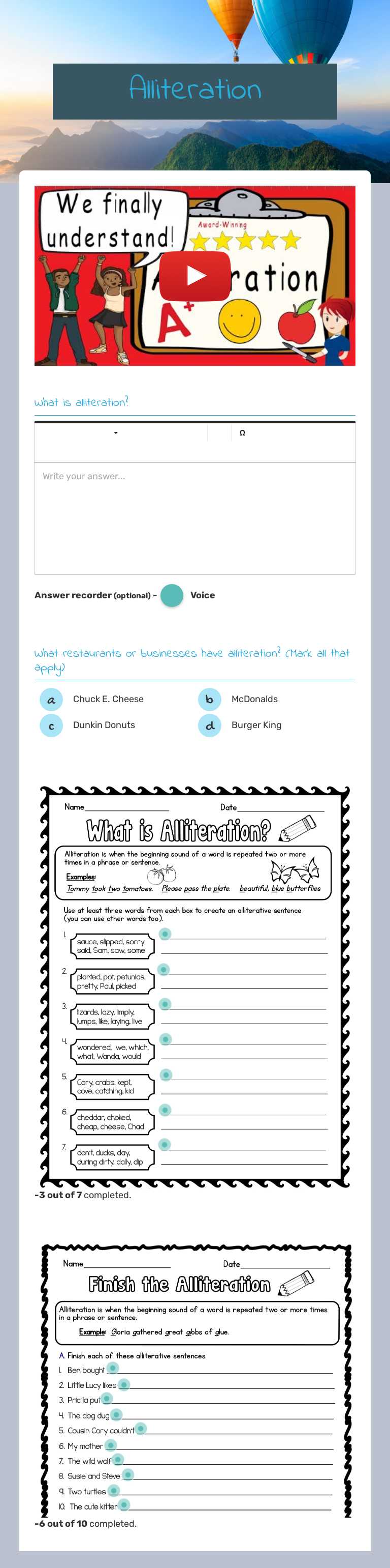 Alliteration worksheet preview image