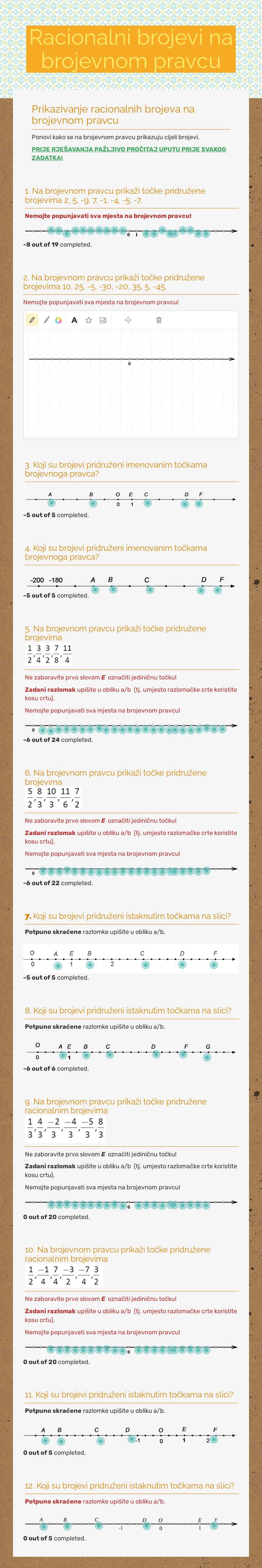 Racionalni brojevi na brojevnom pravcu Grade 6 worksheet preview