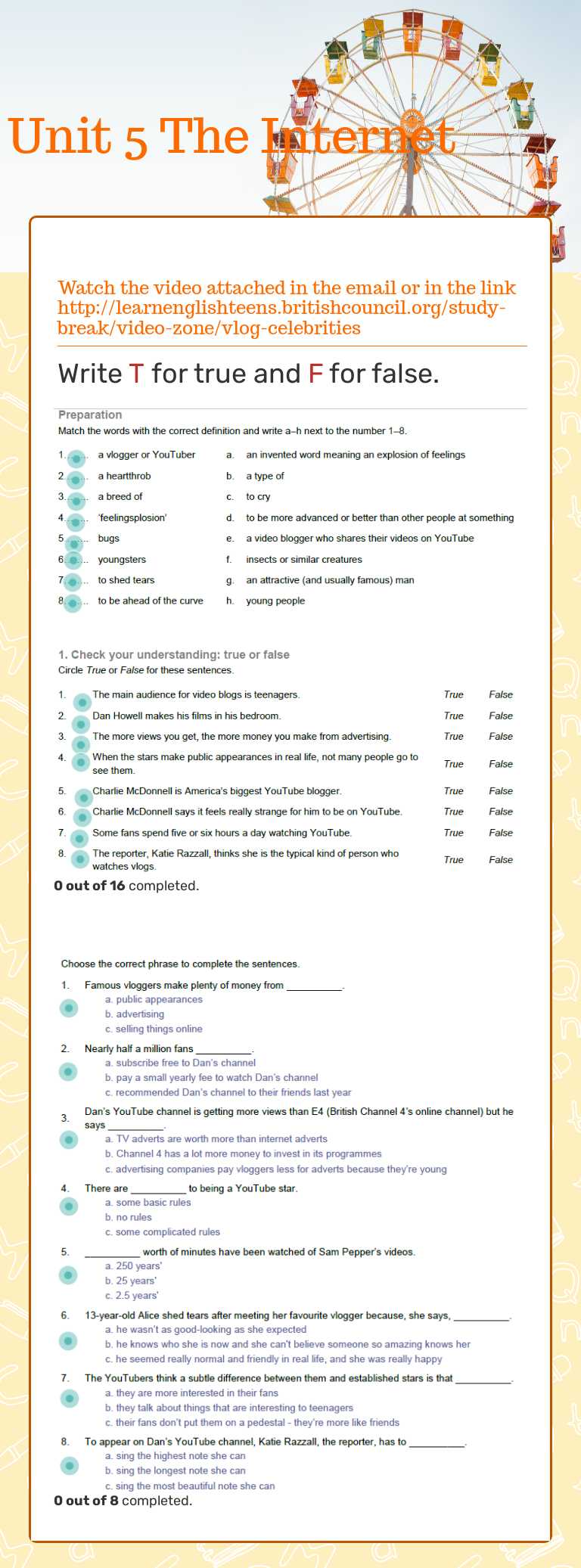 Unit 5 The Internet worksheet preview image