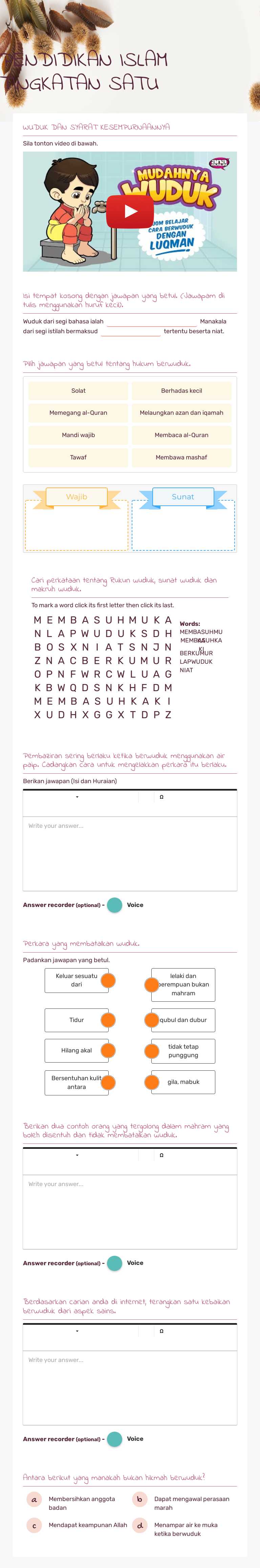 PENDIDIKAN ISLAM 
            TINGKATAN SATU worksheet preview image