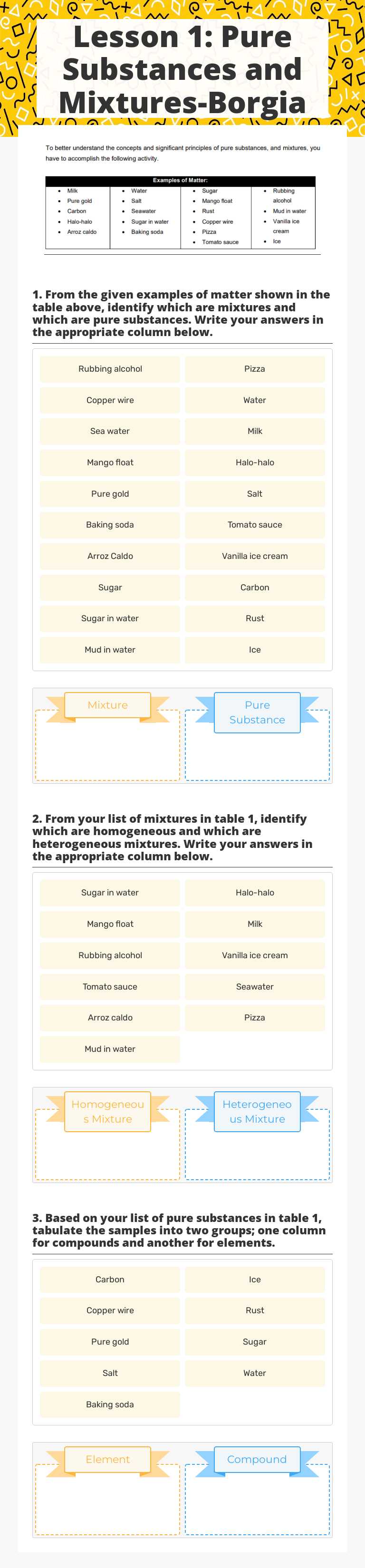 Lesson 1: Pure Substances and Mixtures-Borgia worksheet preview image