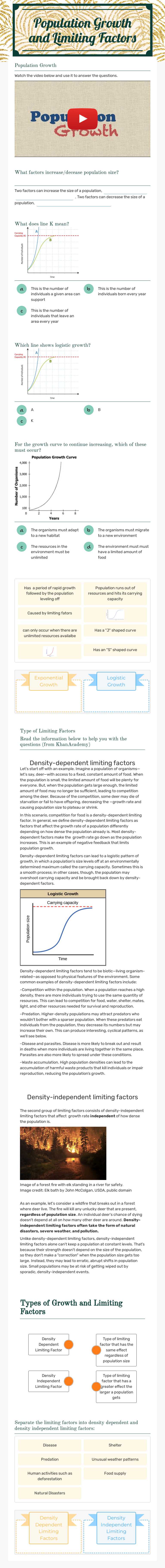 Population Growth and Limiting Factors Grade 10 worksheet preview