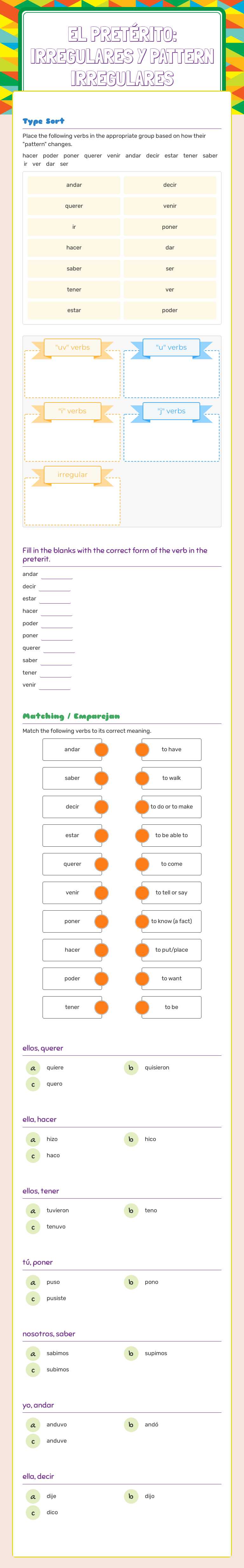 EL pretérito:
Irregulares y Pattern Irregulares worksheet preview