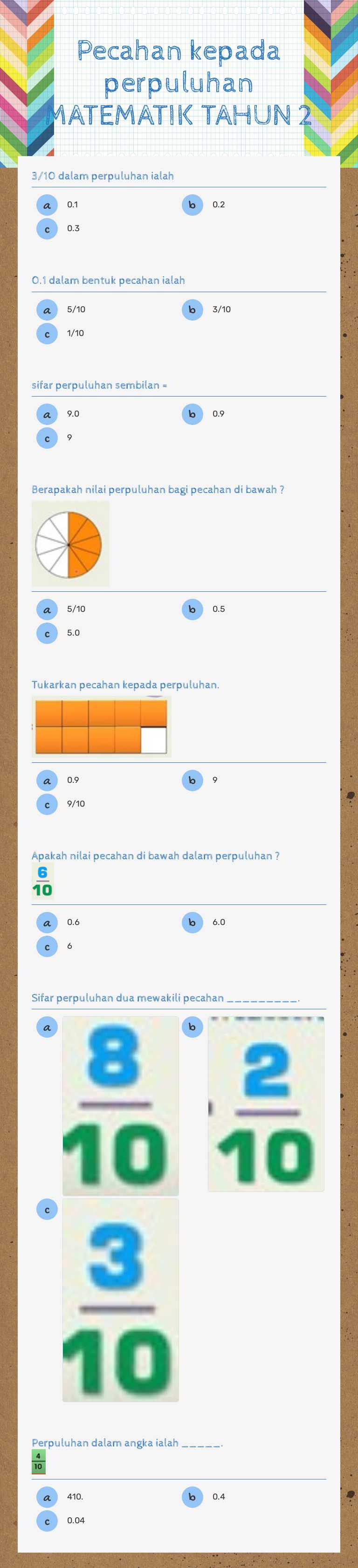 Pecahan kepada perpuluhan MATEMATIK TAHUN 2 worksheet preview image