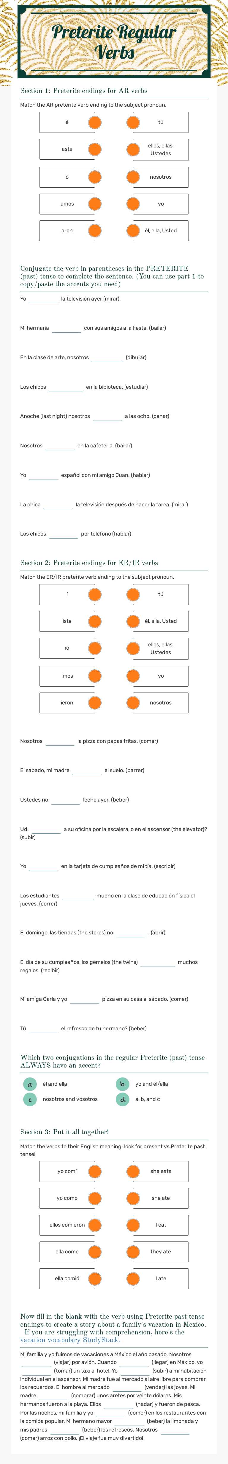 Preterite Regular Verbs worksheet preview image
