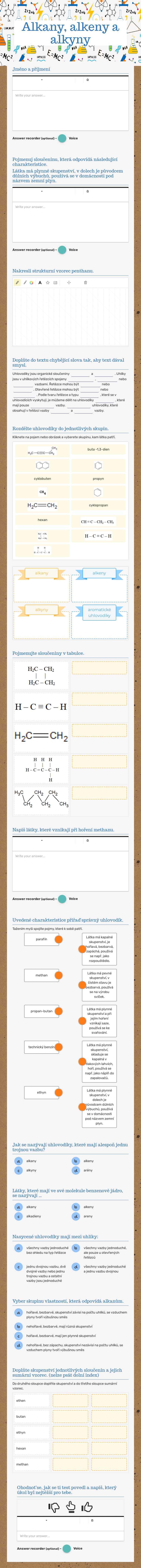 Alkany, alkeny a alkyny worksheet preview image