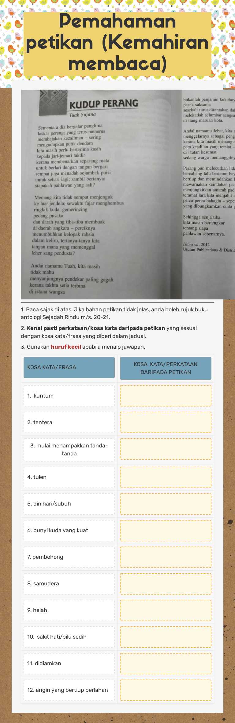 Pemahaman petikan (Kemahiran membaca) worksheet preview image