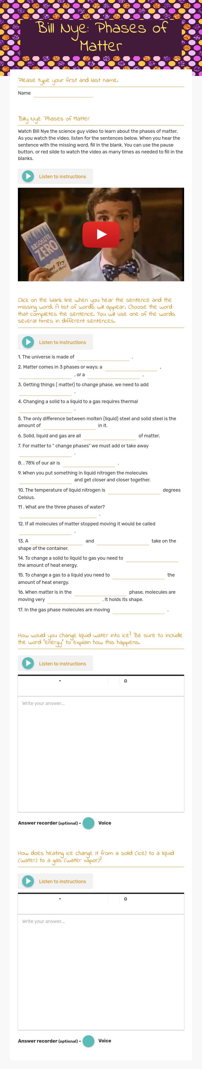 Bill Nye: Phases of Matter worksheet preview image