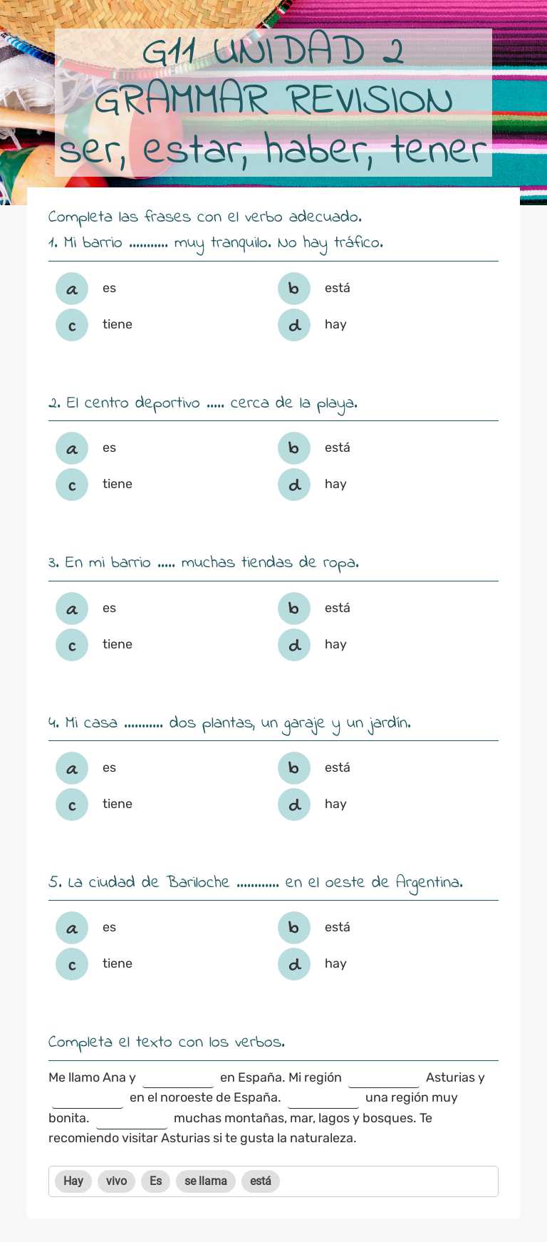 G11 UNIDAD 2 GRAMMAR REVISION ser, estar, haber, tener worksheet preview image