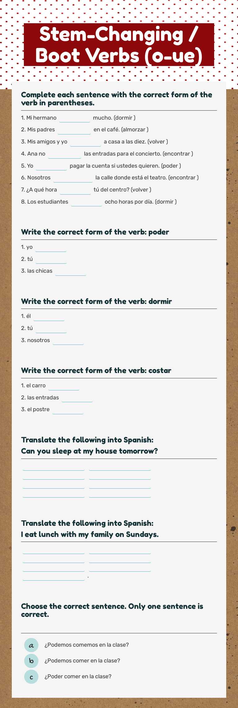 Stem-Changing / Boot Verbs (o-ue) worksheet preview image