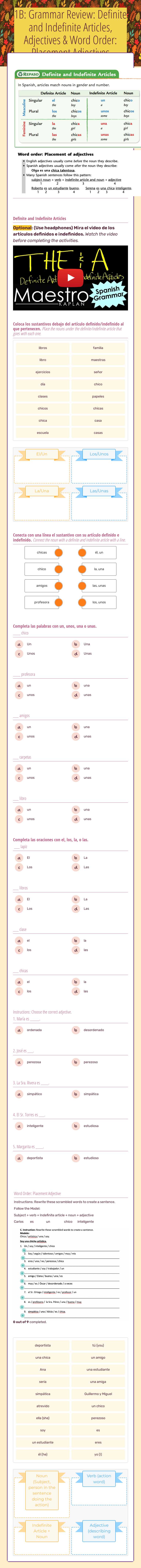 1B: Grammar Review: Definite and Indefinite Articles, Adjectives & Word Order: Placement Adjectives worksheet preview image