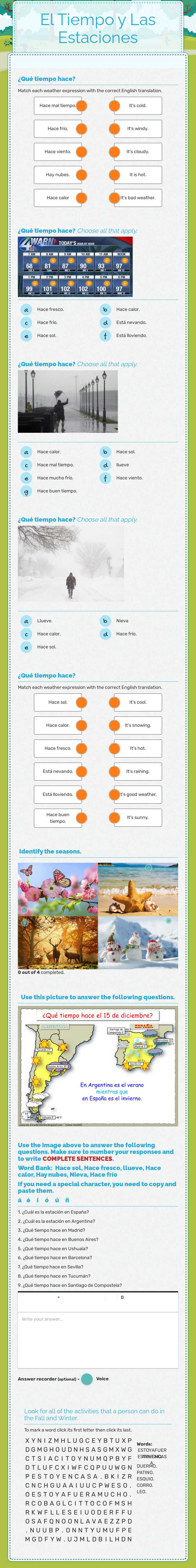 El Tiempo y Las Estaciones worksheet preview image