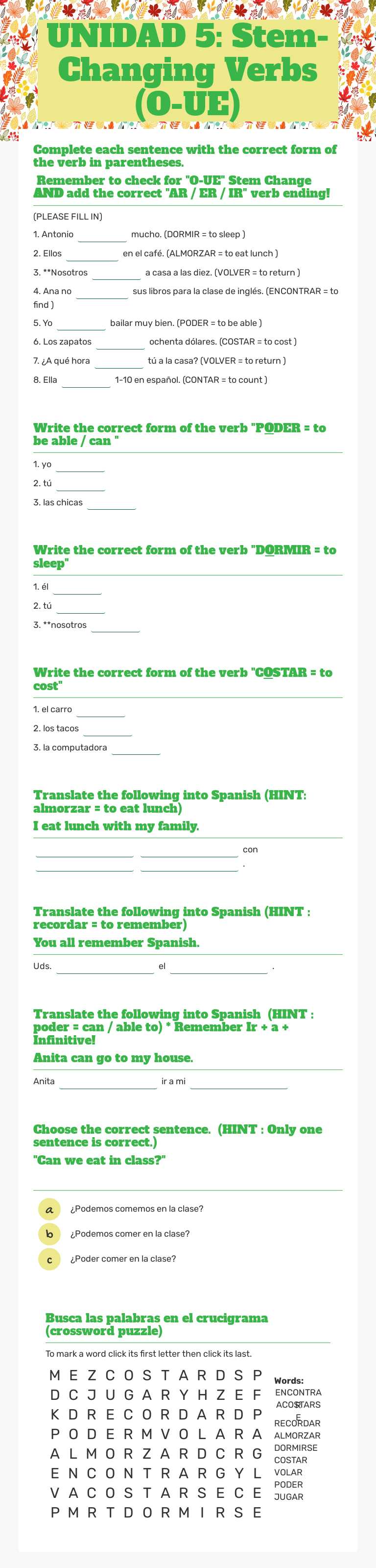 UNIDAD 5:  Stem-Changing Verbs (O-UE) worksheet preview image