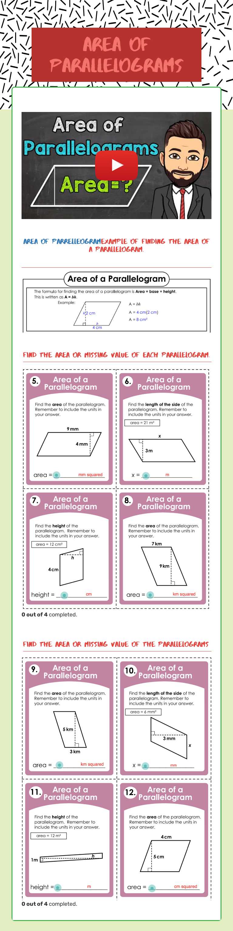 Area of Parallelograms worksheet preview image