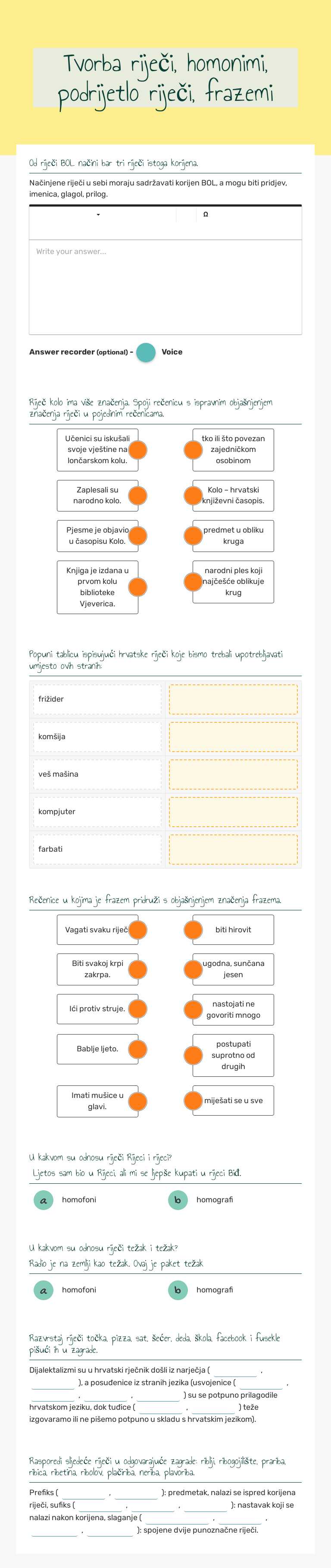 Tvorba riječi, homonimi, podrijetlo riječi, frazemi worksheet preview image