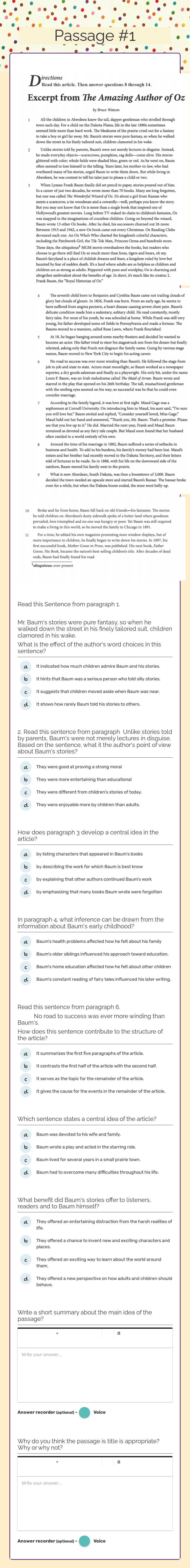 Passage #1 Grade 8 worksheet preview