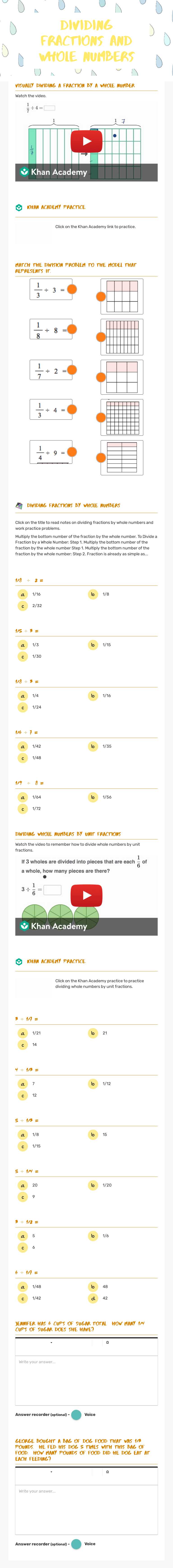 Dividing fractions and whole numbers worksheet preview image