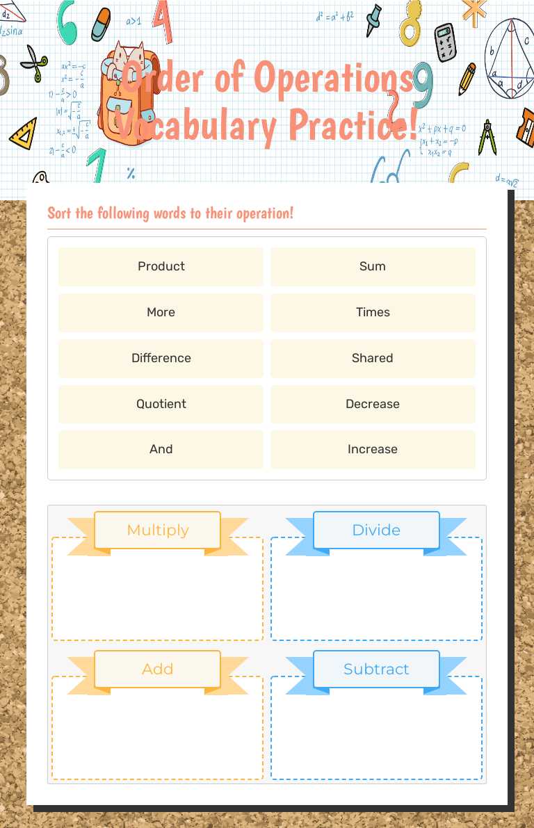Order of Operations Vocabulary Practice! worksheet preview image