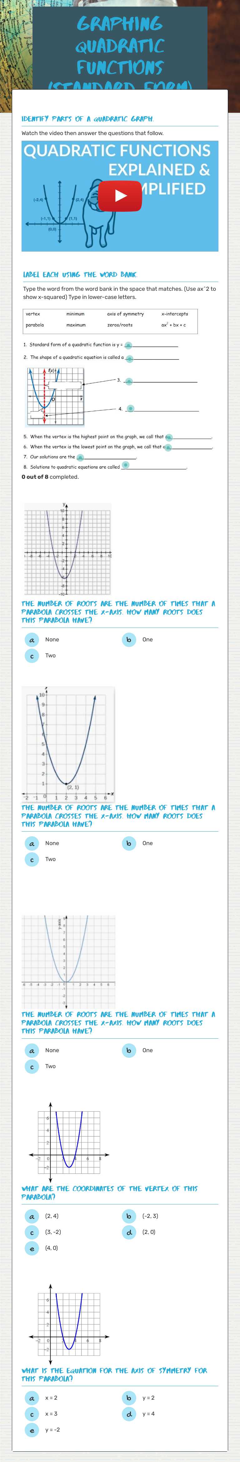 Graphing Quadratic Functions (Standard Form) worksheet preview image