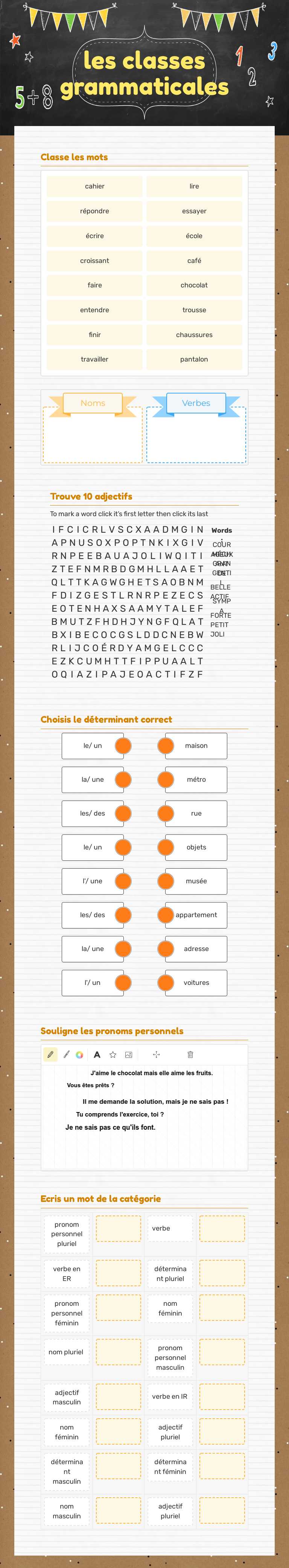 les classes grammaticales worksheet preview image