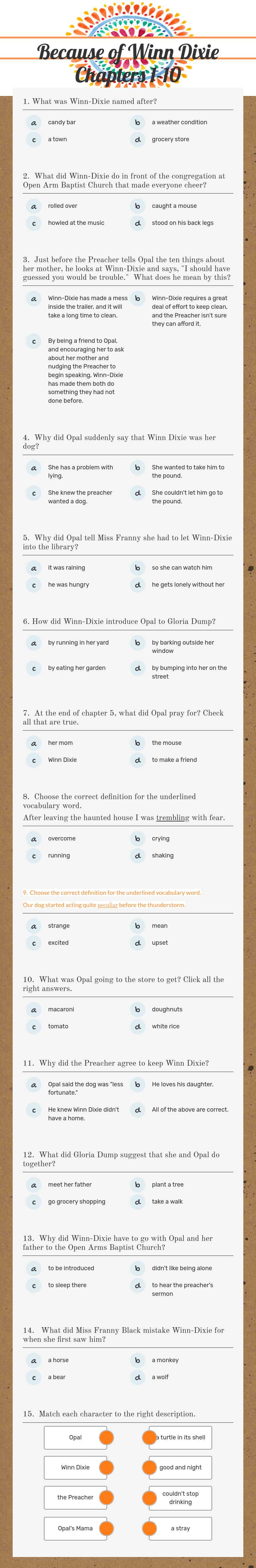 Because of Winn Dixie Chapters 1-10 worksheet preview image
