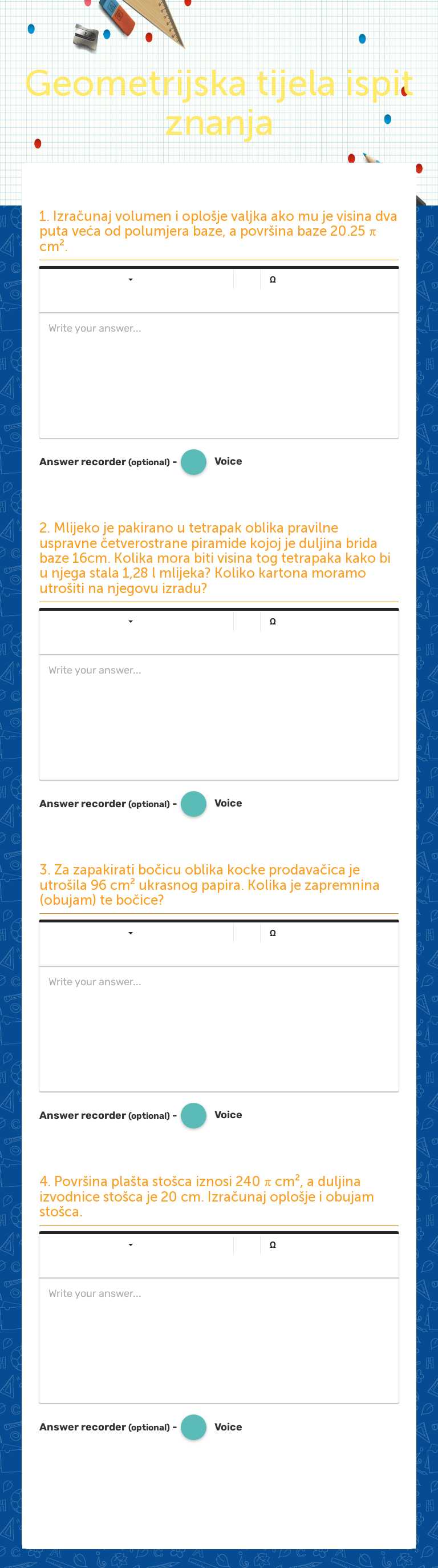 Geometrijska tijela ispit znanja worksheet preview image