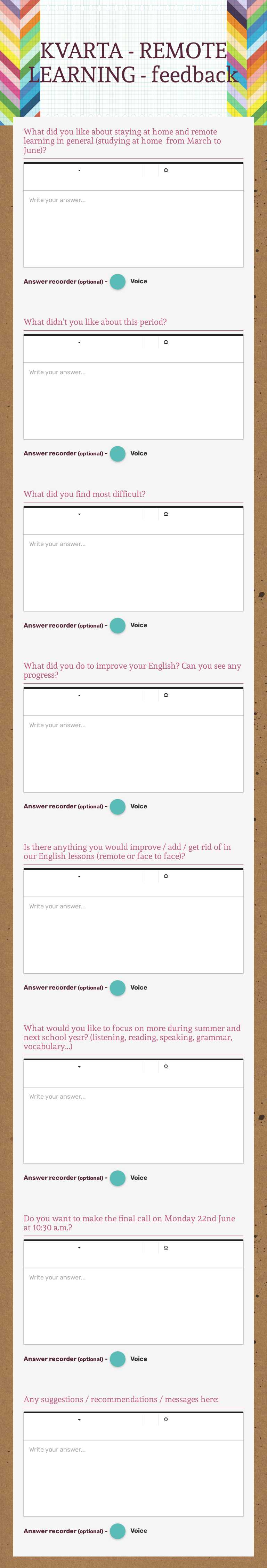 KVARTA - REMOTE LEARNING - feedback worksheet preview image