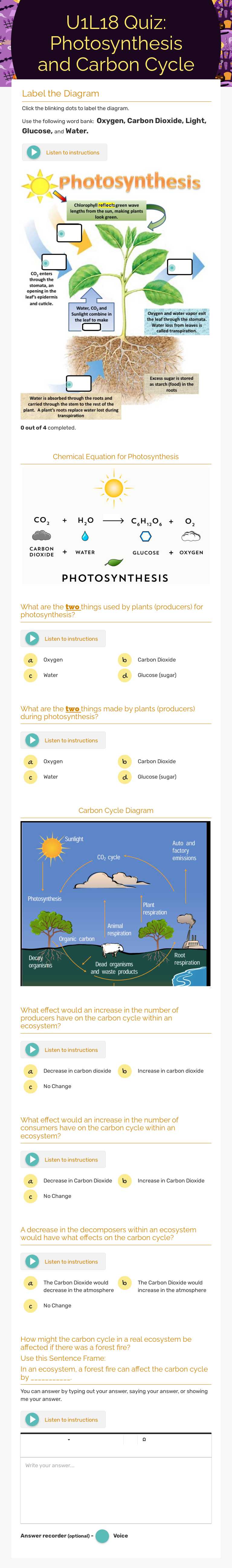 U1L18 Quiz:  Photosynthesis and Carbon Cycle Grade 6 worksheet preview