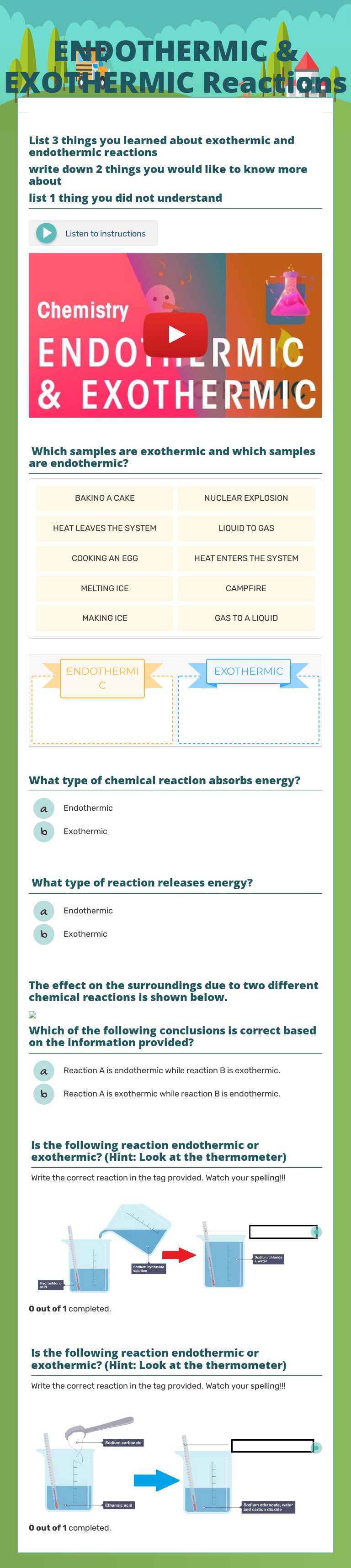 ENDOTHERMIC & EXOTHERMIC Reactions worksheet preview image