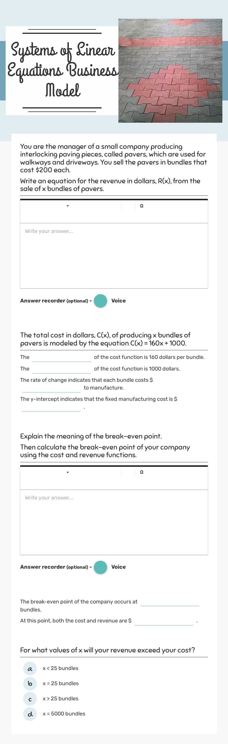 Systems of Linear Equations Business Model worksheet preview