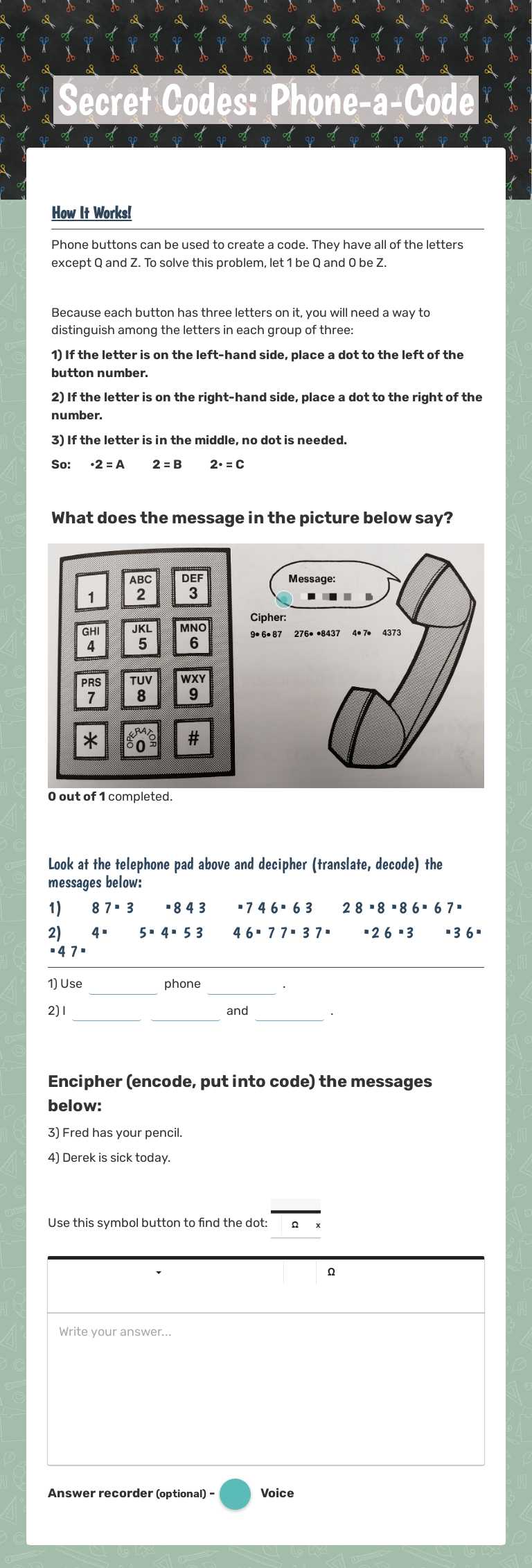 Secret Codes:
Phone-a-Code worksheet preview image