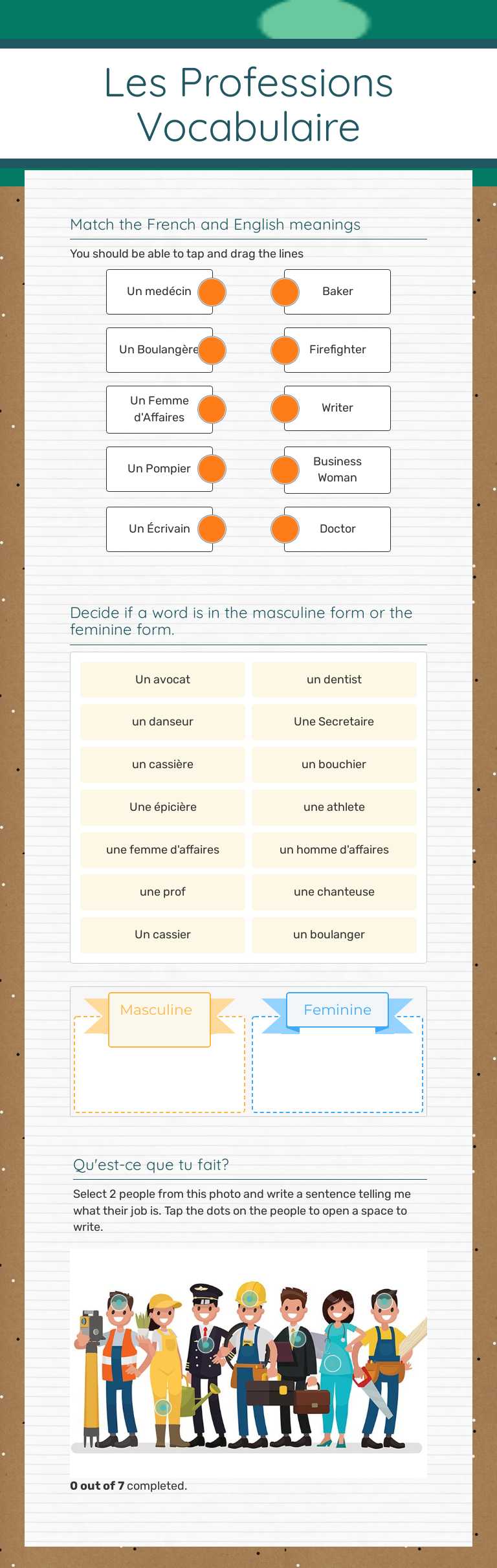 Les Professions Vocabulaire Grade 9 worksheet preview