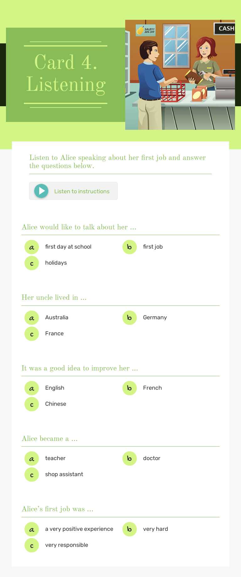 Card 4. Listening worksheet preview image