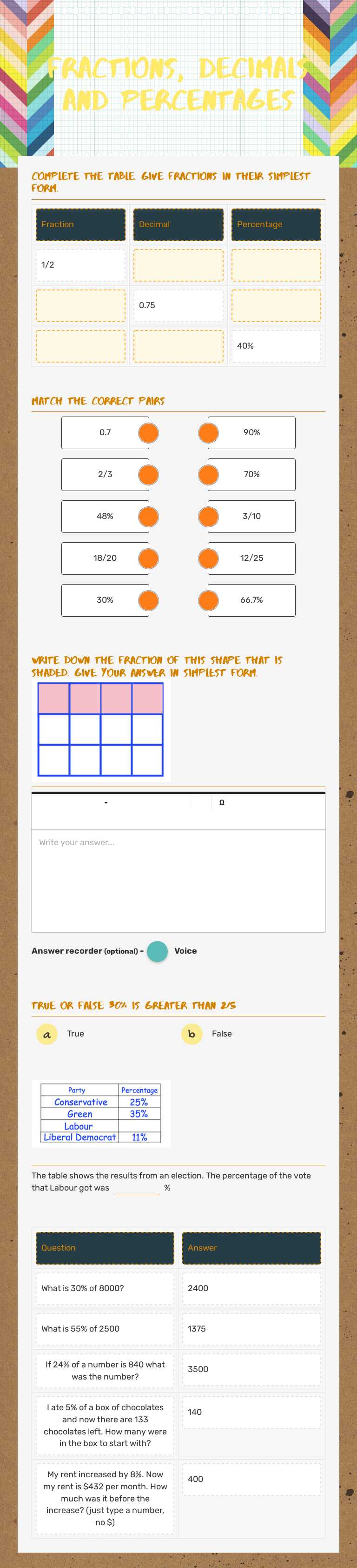 Fractions, Decimals and Percentages Grade 8 worksheet preview
