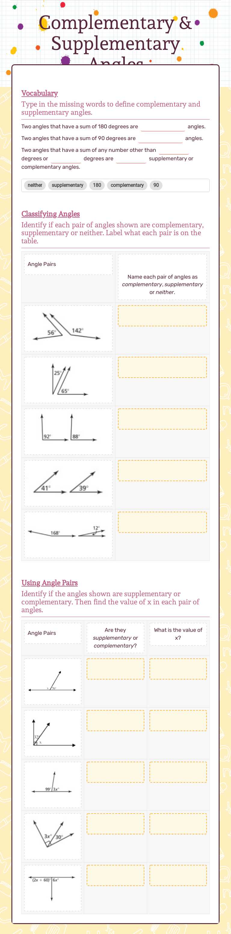Complementary &   Supplementary Angles Grade 8 worksheet preview