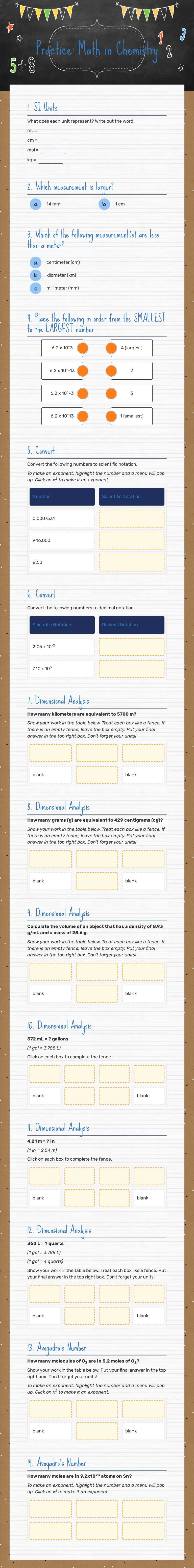 Practice: Math in Chemistry worksheet preview image