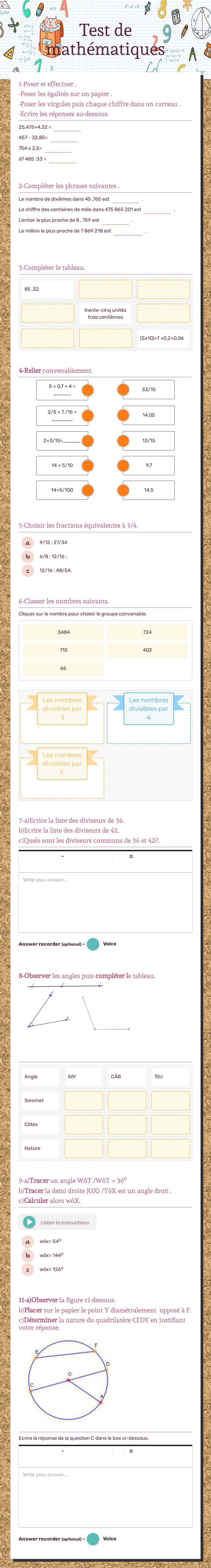 Test de mathématiques worksheet preview image