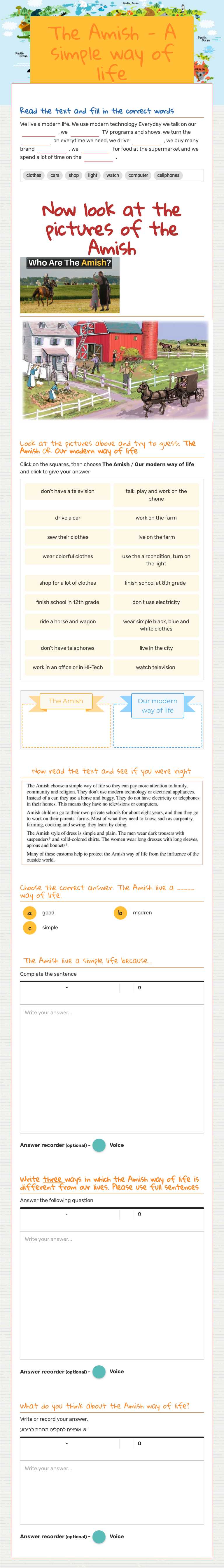 The Amish - A simple way of life worksheet preview image