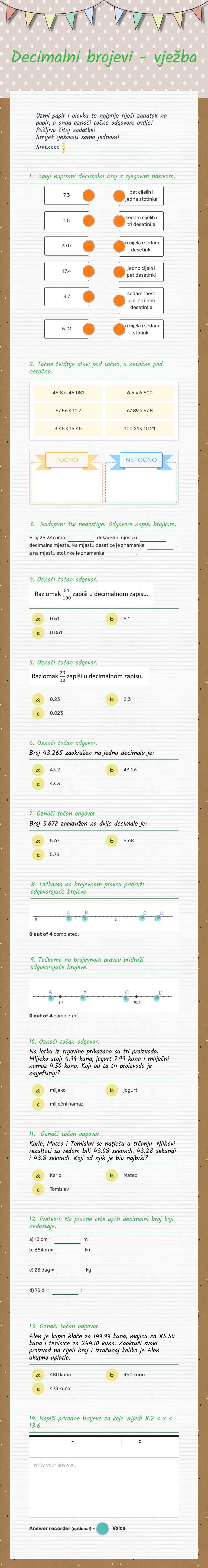 Decimalni brojevi - vježba worksheet preview image
