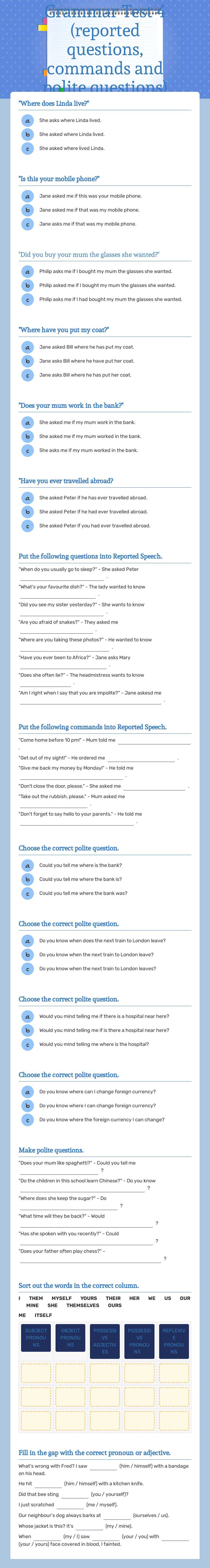Grammar Test 4 (reported questions, commands and polite questions) worksheet preview image