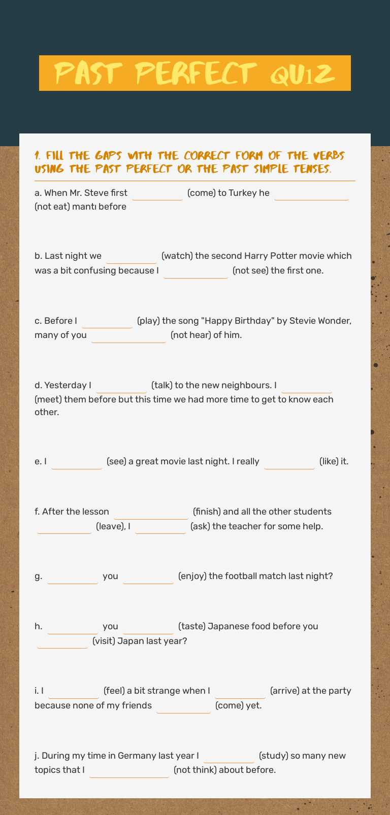 Past perfect quız worksheet preview image